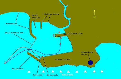 Map of Galle Harbor with tsunami events marked.